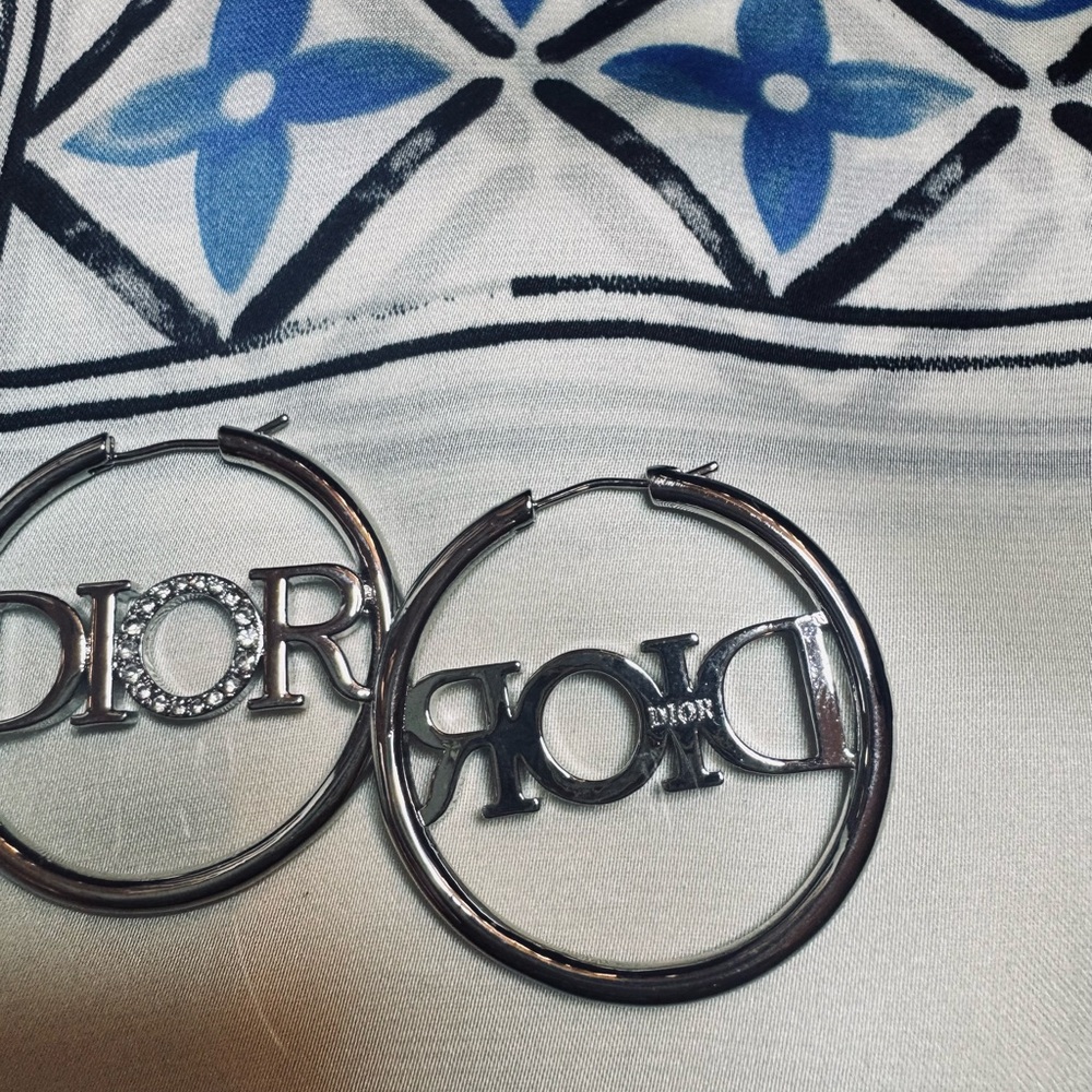 Dior Silver Logo Hoop Earrings with Crystal 'O' - Picture 3 of 6